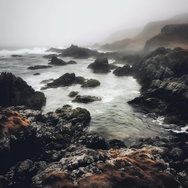 Beau paysage marin avec rochers et océan dans le brouillard