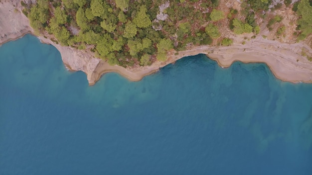 Beau paysage marin Vue de dessus d'un rivage rocheux couvert d'arbres verts Eau bleue Vue de drone aérien Photographie