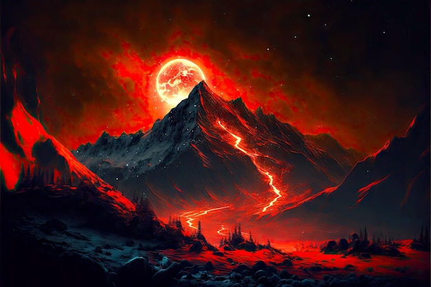 Beau paysage de montagne éclairé par une lumière rouge dans la nuit étoilée