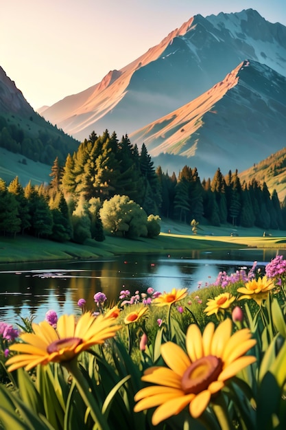 Un beau paysage de montagne avec un lac et des fleurs.