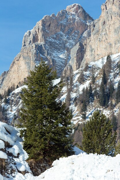 Beau paysage de montagne rocheuse d'hiver. Italie Dolomites, au pied du Passo Gardena, Tyrol du Sud.