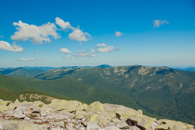 Beau paysage de montagne avec des sommets couverts de forêt et un ciel nuageux Ukraine montagnes Europe