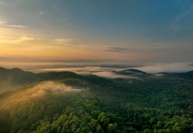 Beau paysage de montagne vert avec le lever du soleil du matin, le ciel et le brouillard Vue aérienne des arbres verts