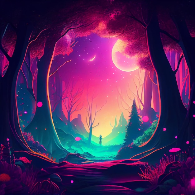 Beau paysage de montagnes de forêt fantastique sur la planète extraterrestre violet AI générative