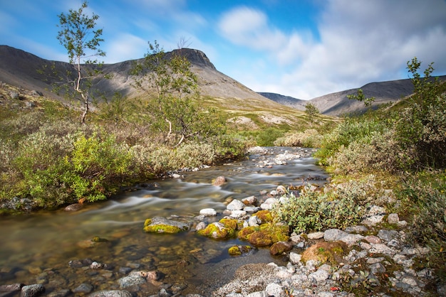 Beau paysage des montagnes Khibiny avec des rochers et un ruisseau de montagne par une journée ensoleillée. Péninsule de Kola, Russie. Image longue exposition