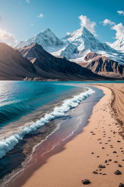 Beau paysage montagnes mer plage ciel bleu nuages blancs paysage marin fond d'écran