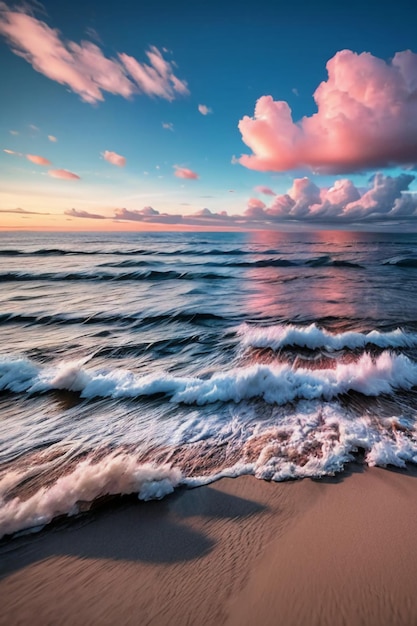 Beau paysage montagnes mer plage ciel bleu nuages blancs paysage marin fond d'écran