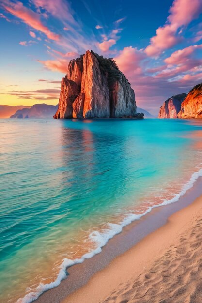 Beau paysage montagnes mer plage ciel bleu nuages blancs paysage marin fond d'écran