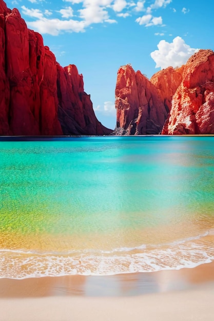 Photo beau paysage montagnes mer plage ciel bleu nuages blancs paysage marin fond d'écran