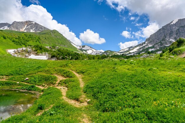 Photo beau paysage avec des montagnes, des prairies d'herbe verte et un sentier de randonnée au printemps