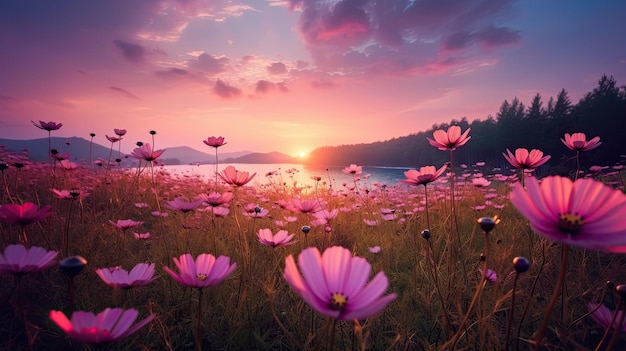 Beau paysage de nature cosmos rose avec lever du soleil