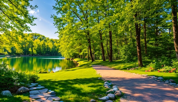 Beau paysage naturel de printemps d'été coloré avec un lac dans le parc entouré de feuillage vert