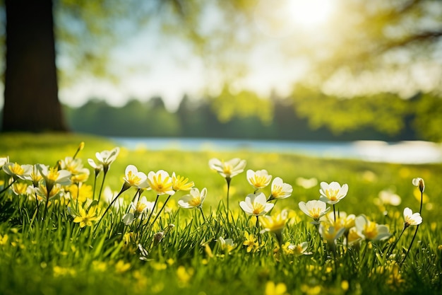 Photo beau paysage naturel de printemps et d'été d'une prairie en fleurs dans une région vallonnée sur une journée ensoleillée brillante