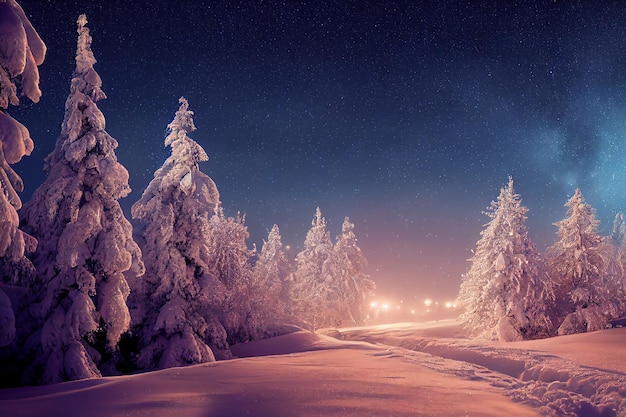 Beau paysage de neige hiver en fond de forêt la nuit conception d'art numérique rendu 3d