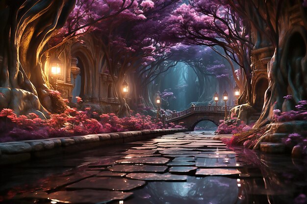 Beau paysage nocturne d'une allée rose violette dans le parc Generative AI