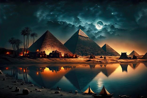 Beau paysage nocturne avec des pyramides égyptiennes situées au bord du lac