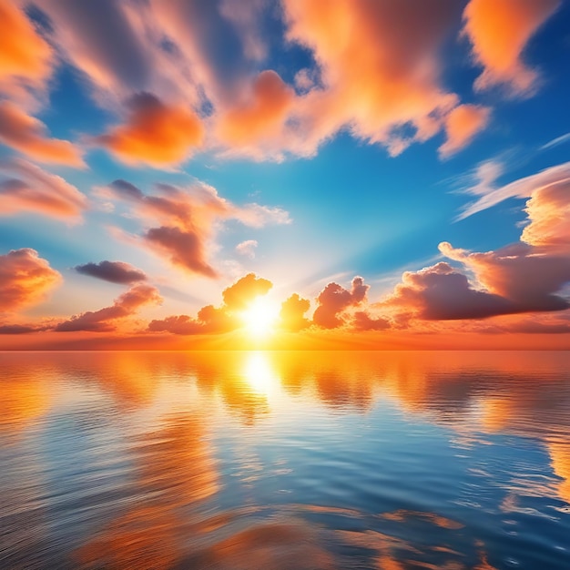 Beau paysage avec nuages et soleil orange sur un ciel bleu