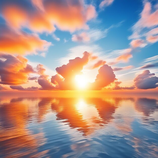 Photo beau paysage avec des nuages et un soleil orange sur un ciel bleu