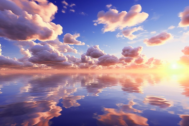 Beau paysage nuageux dramatique avec des cumulus dans le ciel bleu et la mer du lac au lever du soleil