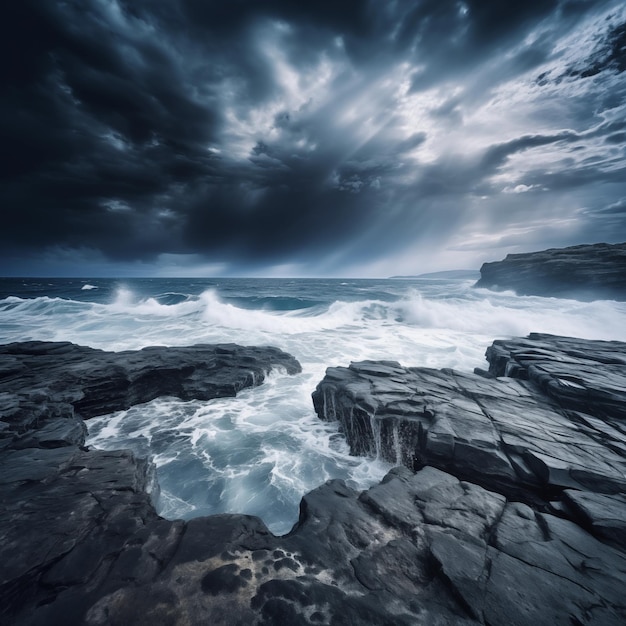 Beau paysage orageux de mer sur la côte rocheuse dans l'IA générative de l'océan Indien