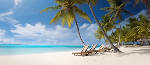 Beau paysage Palmiers avec fauteuils de soleil sur la plage tropicale Arrière-plan image générée par l'IA