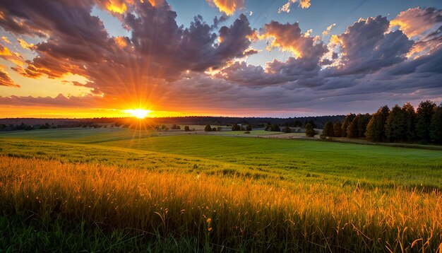 Beau paysage panoramique naturel coloré au coucher du soleil Champ avec de l'herbe sauvage le soir sous les rayons