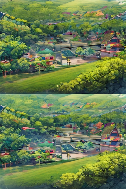 Photo beau paysage papier peint fond dessin animé style bande dessinée en plein air montagne maison herbe fleurs