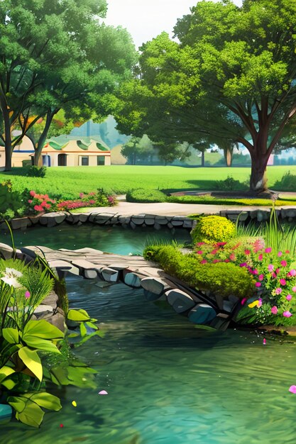 Beau paysage papier peint fond dessin animé style bande dessinée en plein air montagne maison herbe fleurs