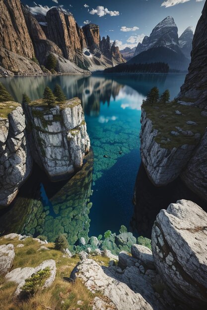 Beau paysage photographie fond d'écran fond pics lac canyon ciel nuages blancs