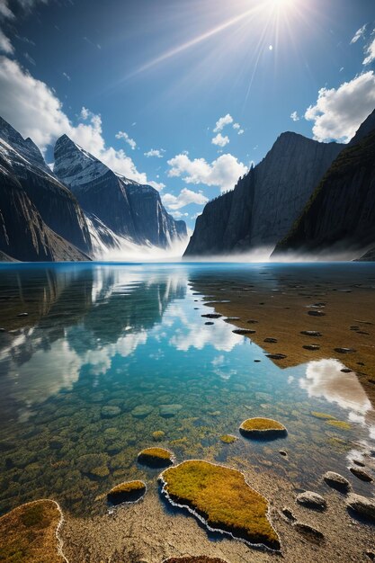 Photo beau paysage photographie fond d'écran fond pics lac canyon ciel nuages blancs