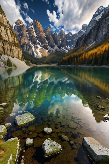 Beau paysage photographie fond d'écran fond pics lac canyon ciel nuages blancs