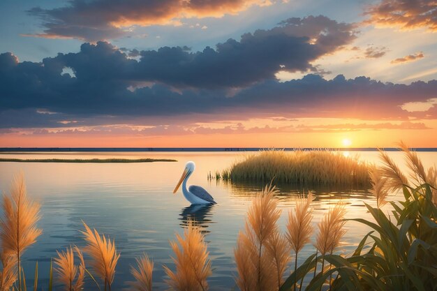 Photo beau paysage de phragmites plantes au bord de la mer avec un pélican nageant au coucher du soleil