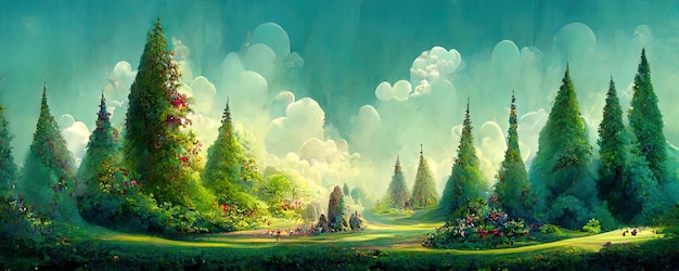 Un beau paysage avec des pins en fleurs enchantés avec un concept fantastique au printemps Illustration de fond de peinture numérique