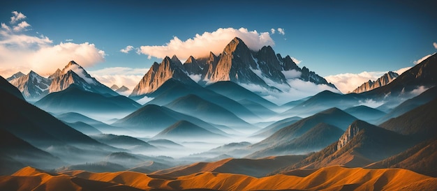 Beau paysage pittoresque d'une chaîne de montagnes à l'aube Les sommets des montagnes sont couverts de neige