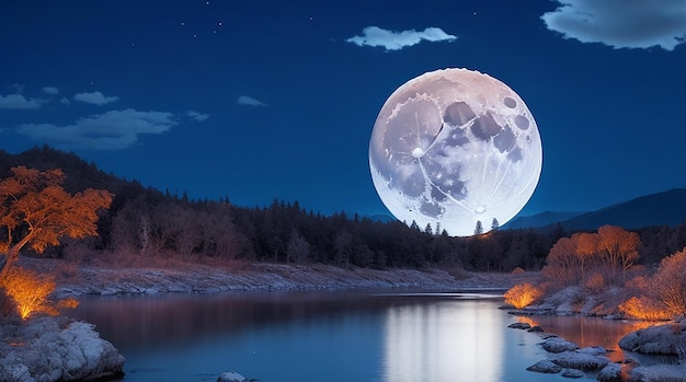 Beau paysage de pleine lune avec lune rougeoyante dans la forêt de nuit