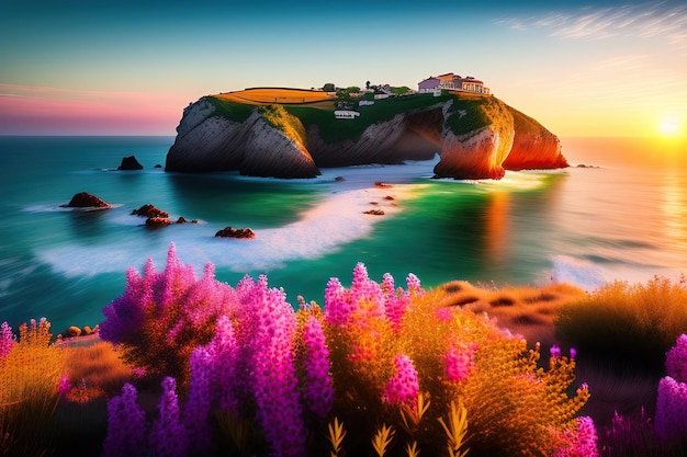 Photo beau paysage printanier scène matinale colorée lever de soleil fantastique