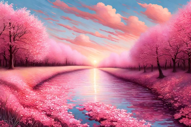 Beau paysage de printemps avec des arbres de sakura en fleurs Peinture numérique