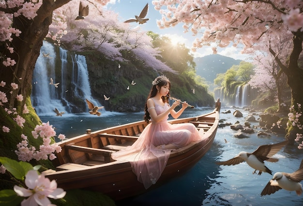 Beau paysage de printemps avec des fleurs de cerisier en chute et une belle princesse sur un bateau en bois