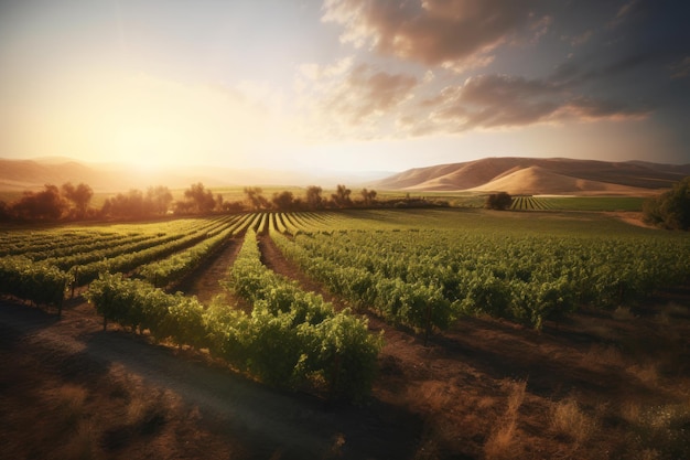 Photo beau paysage de rangées de vignes sur fond de coucher de soleil montagnes ou collines avec ciel nuageux