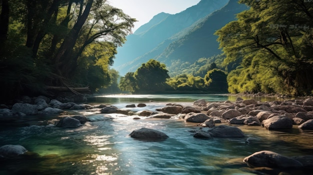 Beau paysage de rivière avec forêt et montagne