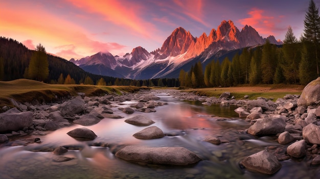 Photo beau paysage avec une rivière haute et la lumière rouge du soleil au lever du soleil