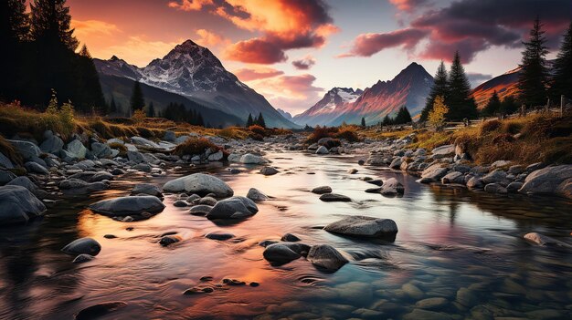 Photo beau paysage avec une rivière haute et la lumière rouge du soleil au lever du soleil