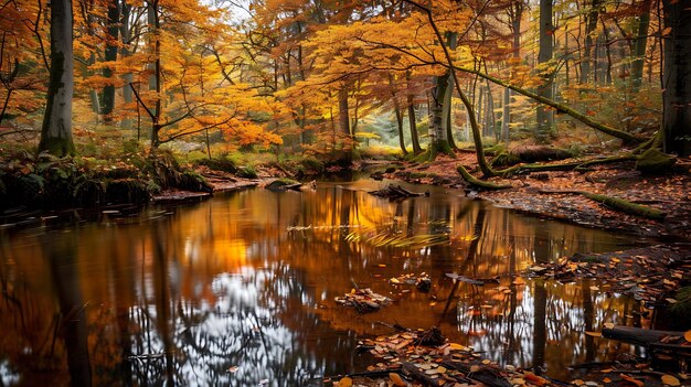 Un beau paysage avec une rivière qui coule à travers une forêt