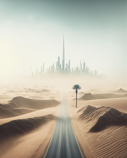 Photo beau paysage de la route avec des dunes de sable et dubaï en arrière-plan