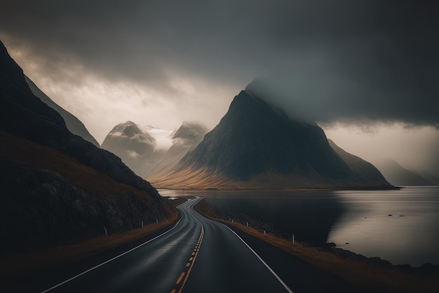 Beau paysage sur une route en Norvège par une journée sombre avec un fond brumeux