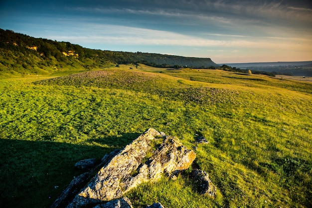 beau paysage rural en europe avec champs verts et ciel bleu