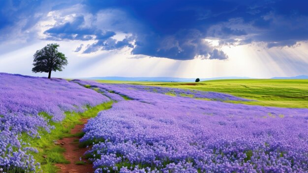 Beau paysage rural avec des fleurs violettes épanouies