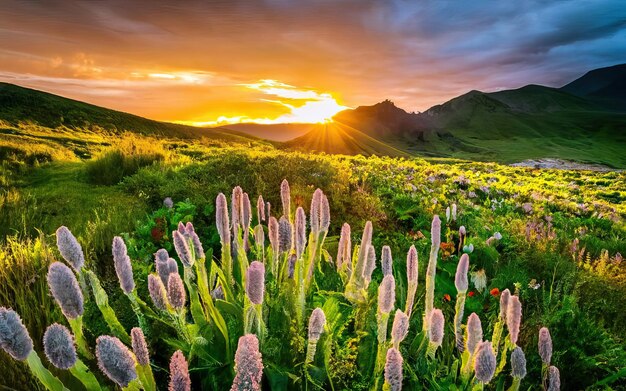 Photo beau paysage avec un soleil radieux généré par l'ia