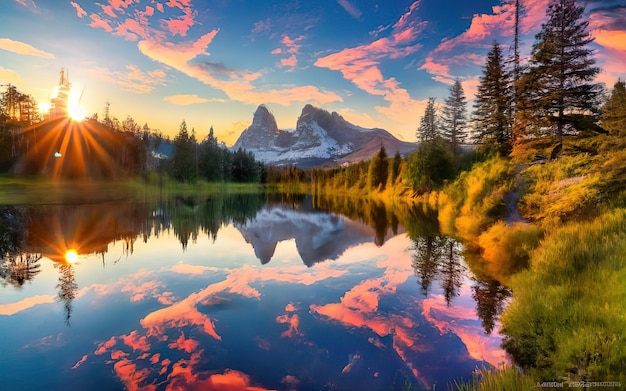 Photo beau paysage avec un soleil radieux généré par l'ia