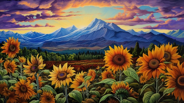 Beau paysage avec tournesols et montagnes